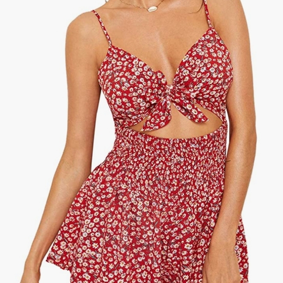 Red Floral tie Front Romper
